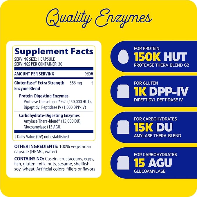 Enzymedica, GlutenEase Extra Strength, Maximum Potency Digestive Enzymes, Supports Gluten & Casein Intolerance, 30 Count