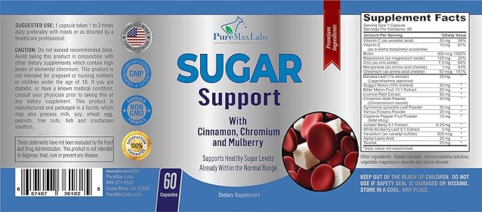 Sugar Support Supplement with Cinnamon, Chromium, Mulberry, Alpha Lipoic Acid - 20 Herbs & Vitamins - Non-GMO, 60 Capsules