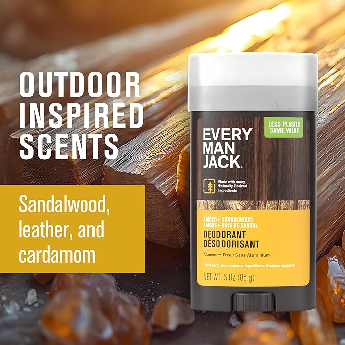 Every Man Jack Amber + Sandalwood Men’s Deodorant - Stay Fresh with Aluminum Free Deodorant For all Skin Types - Odor Crushing, Long Lasting, with Naturally Derived Ingredients - 3oz (2 Pack)