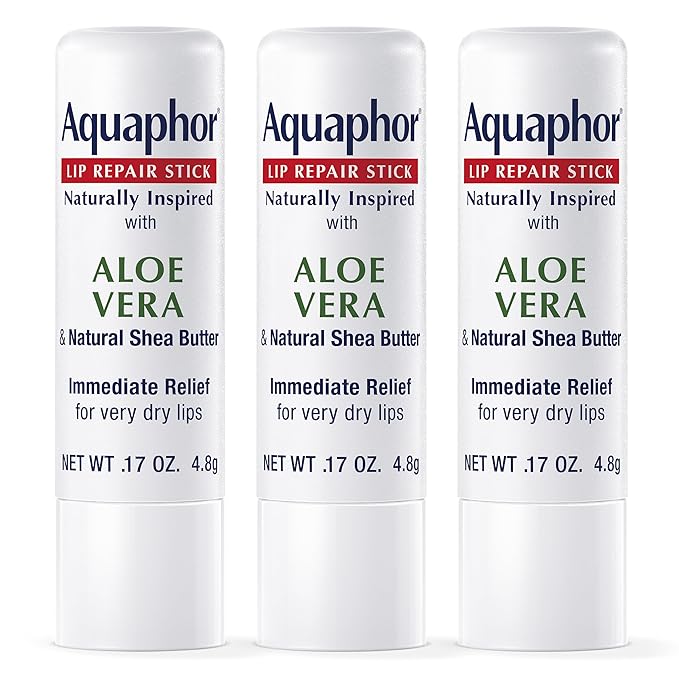 Aquaphor Naturally Inspired Lip Repair Stick with Aloe Vera and Natural Shea Butter, Hydrating Lip Balm Immediately Relieves Dryness and Soothes Chapped Lips, 0.17 Oz Stick, Pack of 3
