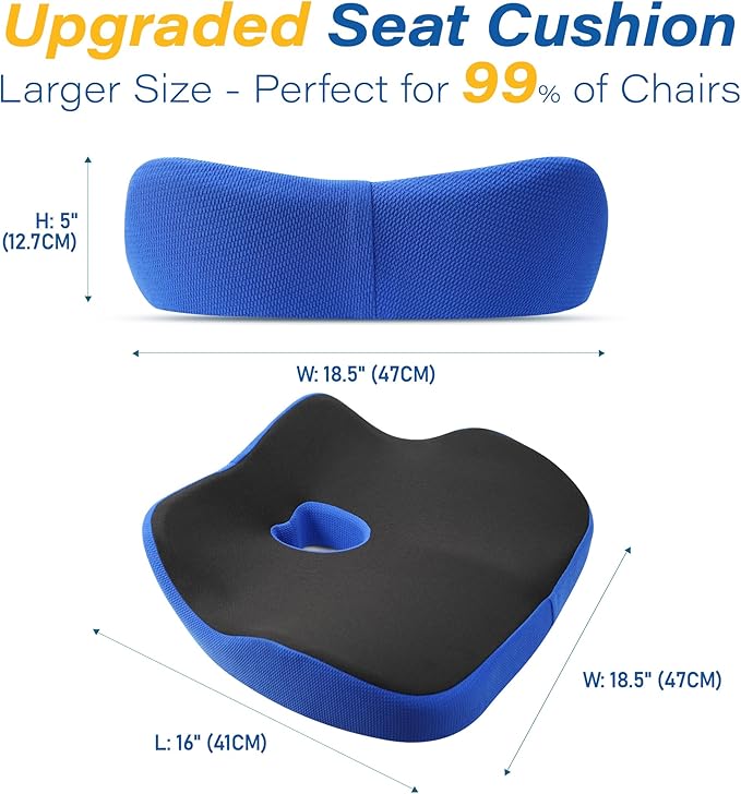 Car Seat Cushion, Ergonomic Memory Foam Car Cushion for Sciatica Pain Relief, Larger Driving Seat Pillow for Short Drivers on Long Drives - Butt Pillow for Truck, Office, Wheelchair - Black&Blue