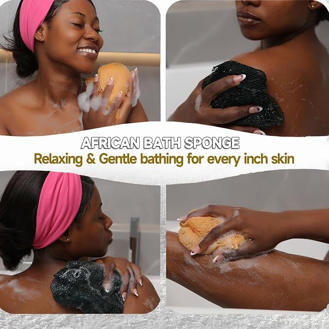 SubSahara Authentic African Net Sponge - 2 Pieces Exfoliating Scrubber for All Skin Types, Bath Sponge for Face & Body, Travel Portable, Durable, Gentle Exfoliation (Golden & Forest Green)