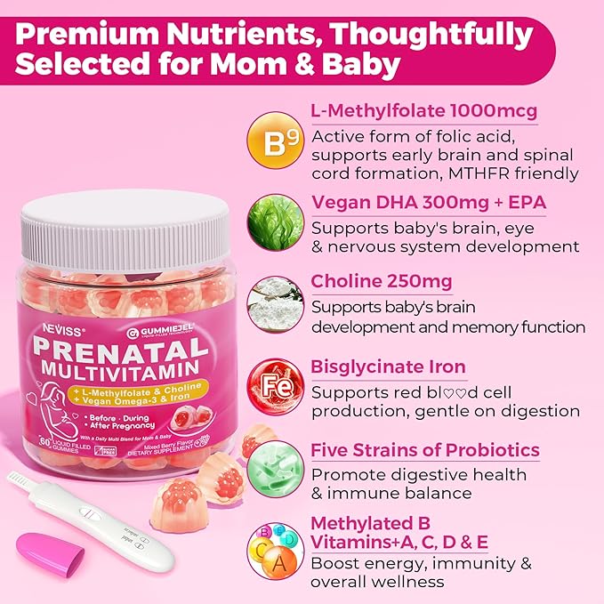 Prenatal Vitamins for Women Multivitamin Gummies w/ Methylfolate 1mg, Choline Omega-3(DHA+EPA) Iron, Postnatal Vitamins for Women Breastfeeding | Before,During & After Pregnancy,Sugar Free,Vegan,60Cts
