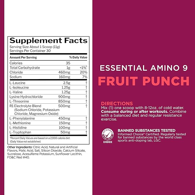 Rule 1 Essential Amino 9 – Recovery & Hydration Support with 7.5g of Essential Amino Acids + Electrolytes (30 Servings, Fruit Punch)