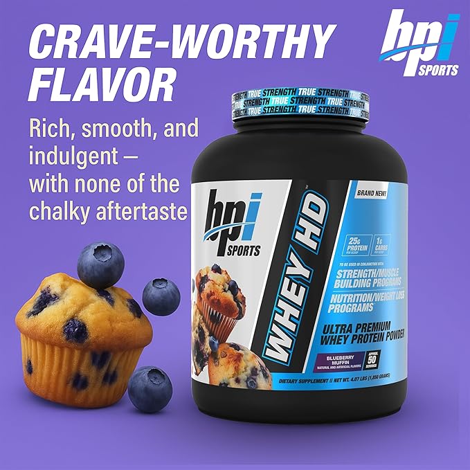 BPI Sports Whey HD Ultra Premium Protein Powder Isolate | Workout Whey Protein Powder for Men & Women for Muscle Gain | Milk Protein Concentrates | Blueberry Muffin, 4.07 Pound