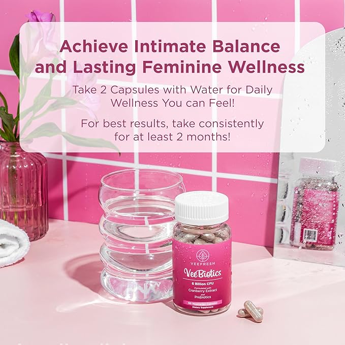 VeeFresh VeeBiotics Cranberry Probiotics for Women - 60 Capsules Women's Probiotics with Prebiotics & Cranberry Extract for pH Balance & Odor Control, Promotes Healthy Vaginal Flora & Overall Wellness