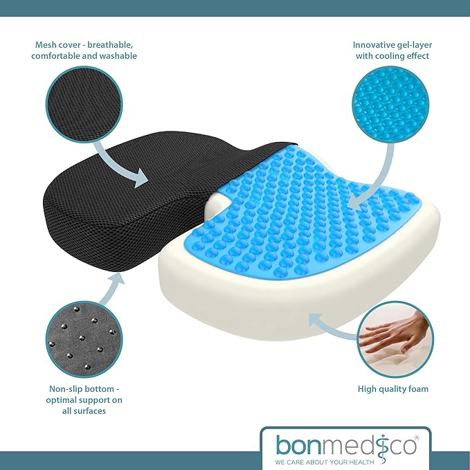 bonmedico Orthopedic Seat Cushion X-Large – Gel & Memory Foam Chair Cushion for Tailbone Sciatica Coccyx Lower Back Support – Ergonomic Office Chair Pillow Car Seat Cushion Wheelchair & Travel Cushion