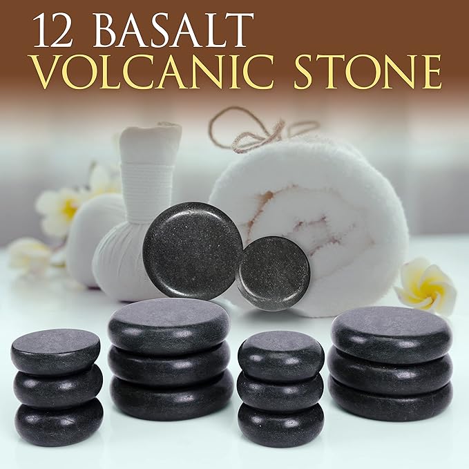 SereneLife Hot Stones Massage Kit with Warmer, Warm Round Basalt Stone Massaging Set with Portable Heater, 12 Large/Small Rocks, Digital Controller, For Professional and Home Spa Therapy
