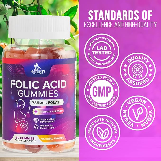 Folic Acid Gummies for Women 785 mcg, Essential Prenatal Vitamins for Mom & Baby, Vegan Folic Supplement Gummy, Daily Vitamin B9 Extra Strength Folate, Before During After Pregnancy - 60 Gummies