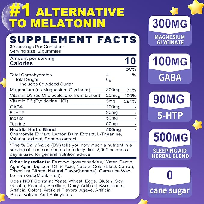 Melatonin Free Sleep Gummies, with Magnesium Glycinate, GABA, 5-HTP, L-Theanine, Valerian, Chamomile, Lemon Balm, Vitamin D3 & B6 - Hormone & Drug- Free, Non-Habit Forming,Sugar Free