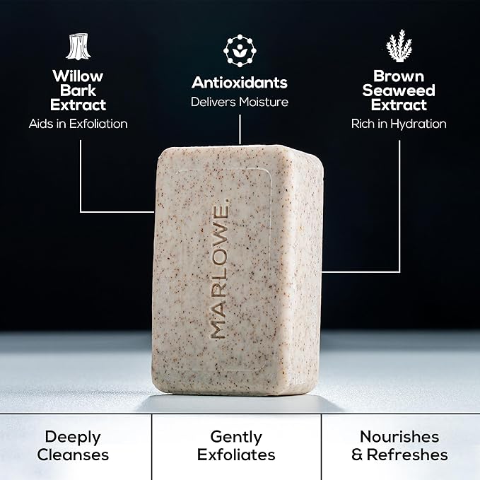 MARLOWE. No. 102 Body Scrub Soap 7 oz (12 Bars), Oud Wood, Exfoliating Soap Bar with Shea Butter, Olive Oil & Green Tea Extracts, Cleanses, Smooths & Revitalizes Skin, Earthy & Smoky Scent