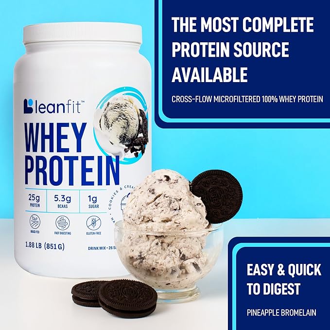 LeanFit WHEY Protein Cookies & Cream - 100% Whey Protein Powder, 25g Protein Per Serving - Grass-Fed, Gluten-Free, BCAAs, Amino Acid - 26 Servings, 1.88 lb Tub