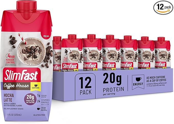 SlimFast Protein Shake, NEW Mocha Latte- 20g Protein, Meal Replacement Shake Ready to Drink, High Protein with Low Carb and Low Sugar, 24 Vitamins and Minerals, 11 Fl Oz (Pack of 12)