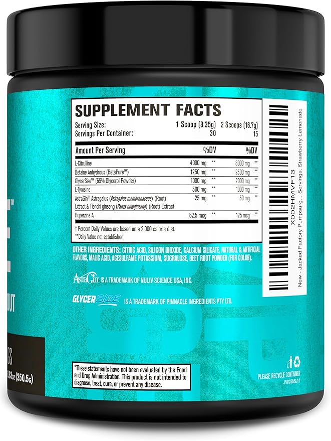 Jacked Factory Pumpsurge Caffeine Free Pre Workout for Men & Women - Nootropic Booster & Stim Free Pre Workout - Intense Pumps, Enhanced Focus - 30 Servings, Strawberry Lemonade