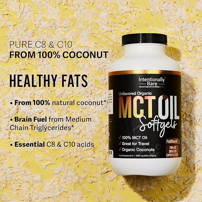 Intentionally Bare Organic MCT Oil Capsules - 70% C8 MCT Oil & 30% C10 MCT Capsules Unflavored for Keto Low Carb and Paleo Diet - Coconut C8 & C10 for Energy Mood & Focus - Non-GMO 300 Soft Gels