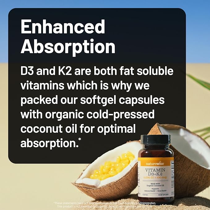 NatureWise Vitamin D3 10,000 IU Plus K2 (MK-7) 200 mcg with Organic Extra Virgin Coconut Oil - Supports Calcium Absorption, Bone, Heart & Immune Health - Non-GMO, Soy & Gluten-Free - 90 Softgels