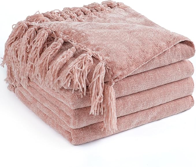 Chenille Throw Blanket for Couch 50"X 60", Soft Cozy Throws with Fringe Tassel for Bed Sofa Chair Cover, Lightweight Knitted Decorative Boho Blankets for Living Room, Dusty Pink