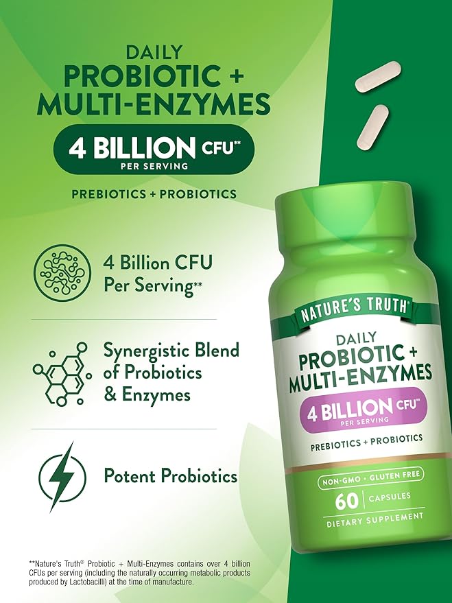 Nature's Truth Probiotics with Enzymes | 60 Capsules | for Men and Women | Non-GMO & Gluten Free Digestive Health Supplement