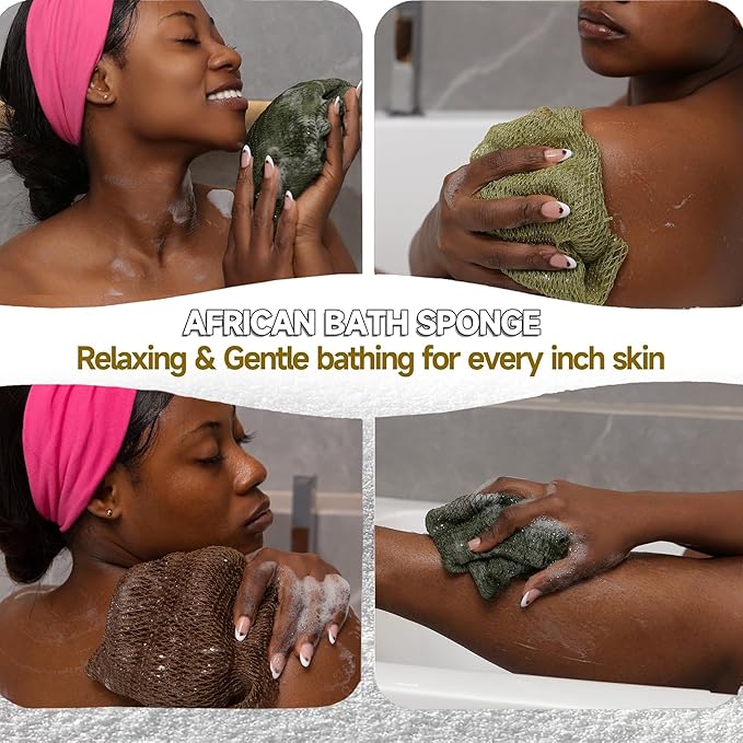 SubSahara African Net Sponge Authentic - 4 Pieces Gentle Exfoliating Scrubber for All Skin Types, Bath Sponge for Face & Body, Travel Portable (Light Brown, Linen, Olive Green, Light Green)