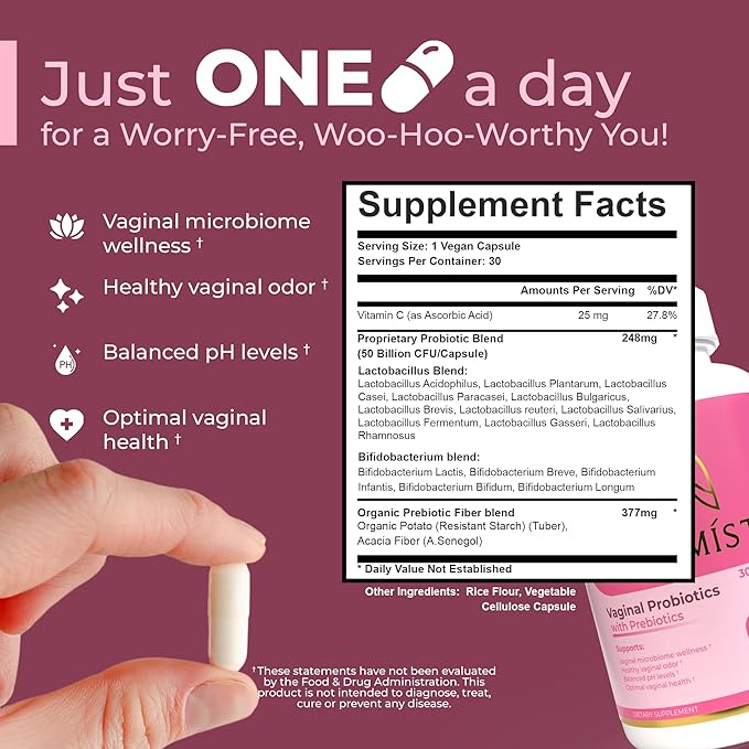 Vaginal Probiotics for Women pH Balance with Prebiotics + Lactobacillus Womens Probiotic Blend - Once Daily Vaginal Odor, BV, Yeast Control, Gut Health & Immune Support - 1 month Supply (30 servings)