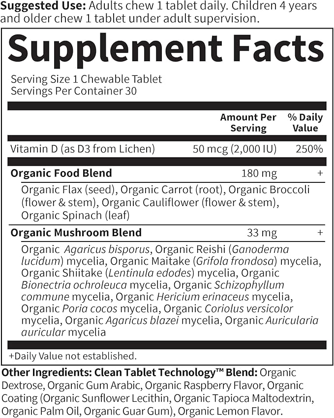 Garden of Life Organics Vegan Vitamin D3 Chewable - Raspberry Lemon, 2,000 IU (50mcg) Whole Food Vitamin D3 from Lichen Plus Food & Mushroom Blend, Gluten Free, 30 Chewable Tablets