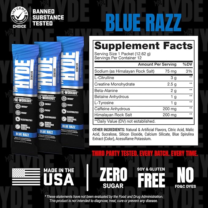 PROSUPPS Mr. Hyde Signature Pre Workout Drink Mix- Performance, Energy & Endurance with Creatine, Beta Alanine & Caffeine - Clean Gym Supplements for Men & Women (Blue Razz, 12 On-The-Go Packets)