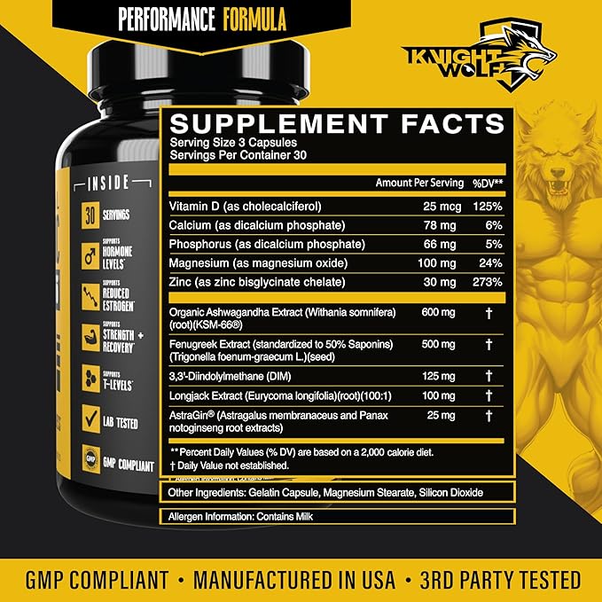 Night Wolf Supps KSM-66 Organic Ashwagandha 600mg, Fenugreek, Natural Anabolic and Muscle Support - with AstraGin for High Absorption - USA Made & Non GMO 3rd Party Tested - 90 Capsules