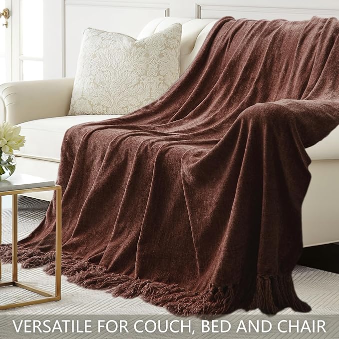 Chenille Throw Blanket for Couch 60"X 80" Twin, Soft Cozy Throws with Fringe Tassel for Bed Sofa Chair Cover, Lightweight Knitted Decorative Boho Blankets for Living Room, Dark Brown
