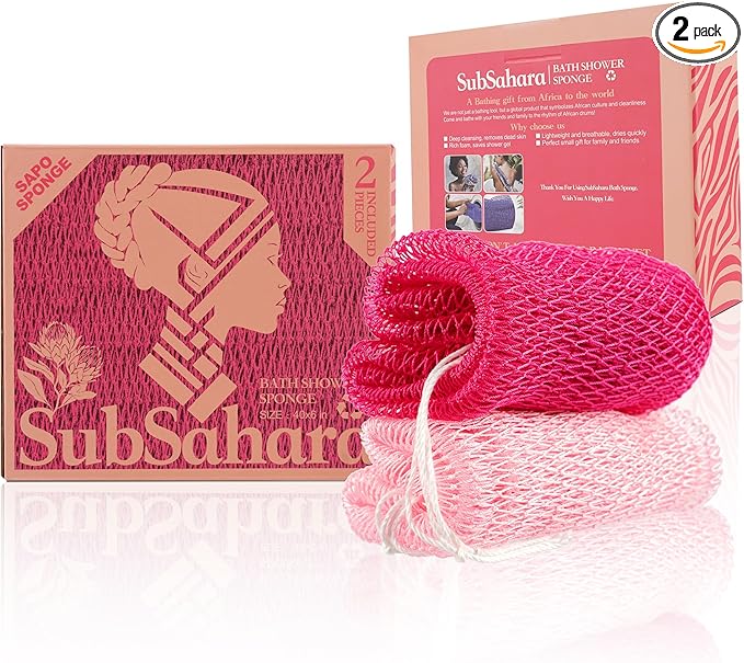 SubSahara Authentic African Net Sponge - 2 Pieces Exfoliating Scrubber for All Skin Types, Bath Sponge for Face & Body, Travel Portable, Durable, Gentle Exfoliation (Dark Pink & Light Pink)