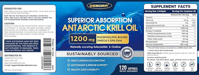 Krill Oil 1200 mg Omega 3 Supplement, Krill Oil Omega 3 with High Absorption EPA, DHA, Astaxanthin & Phospholipids, Supports Heart & Joint Health, No Fishy Aftertaste - 120 Softgels (60 Servings)