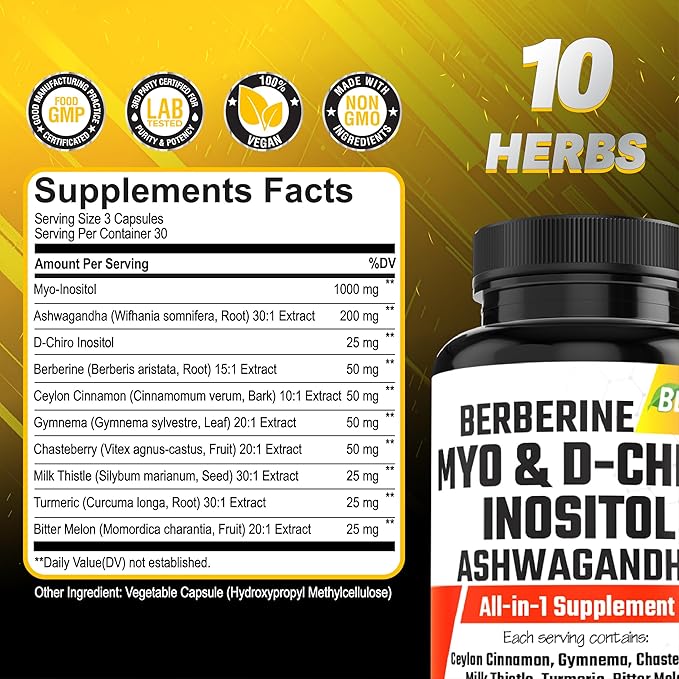 Myo-Inositol & D-Chiro Inositol Capsules with Ashwagandha, Berberine, Cinnamon, Gymnema, Chasteberry, Milk Thistle, Turmeric, Bitter Melon - 90 Capsules