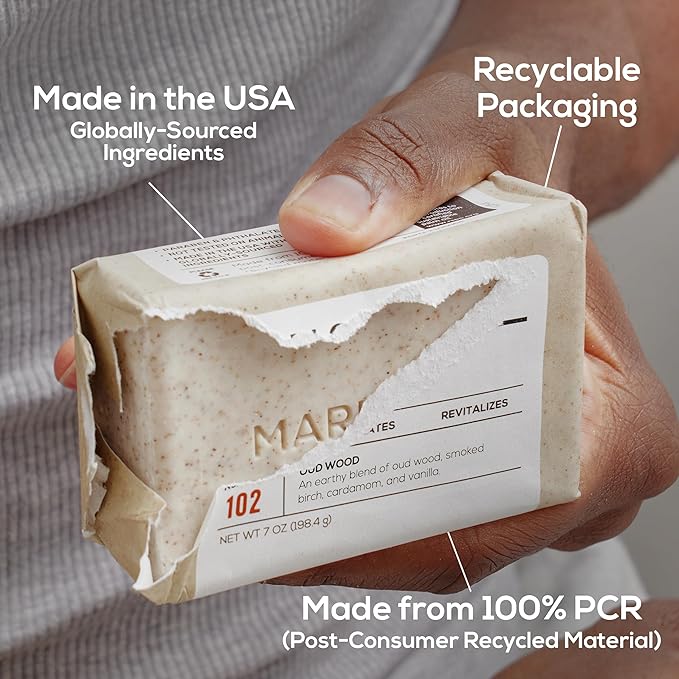 MARLOWE. No. 102 Body Scrub Soap 7 oz (12 Bars), Oud Wood, Exfoliating Soap Bar with Shea Butter, Olive Oil & Green Tea Extracts, Cleanses, Smooths & Revitalizes Skin, Earthy & Smoky Scent
