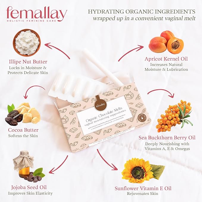 Femallay Organic Vaginal Moisturizing Suppository Melts - 100% Natural Suppositories for Vaginal Odor and Dryness Relief, Ultra-Hydrating Fast-Acting Comfort (Chocolate)