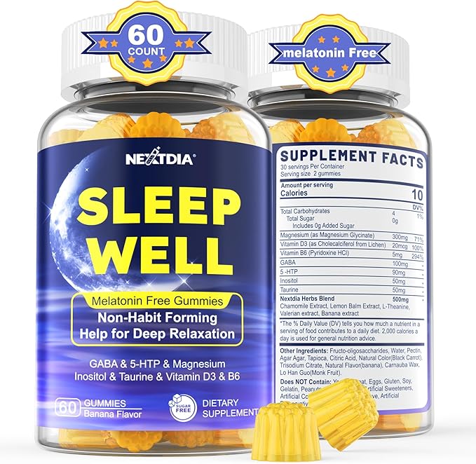 Melatonin Free Sleep Gummies, with Magnesium Glycinate, GABA, 5-HTP, L-Theanine, Valerian, Chamomile, Lemon Balm, Vitamin D3 & B6 - Hormone & Drug- Free, Non-Habit Forming,Sugar Free