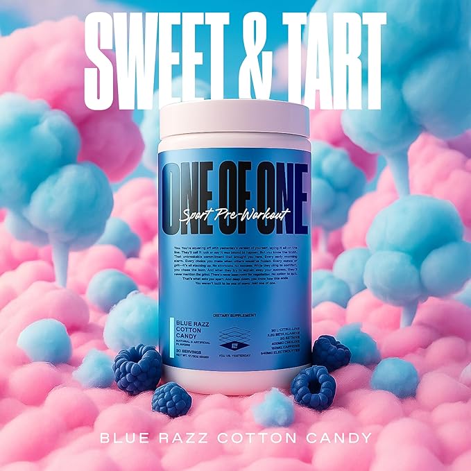 ONE of ONE Sport Pre-Workout – Clean Energy & Focus with NeuroRush™, Gluten Free, No Crash, Boosts Endurance & Strength – Blue Razz Cotton Candy, 30 Servings