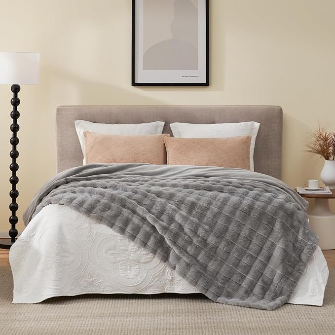 Cozy Bliss Fluffy Faux Fur Blanket Queen Size for Bed, Fuzzy Soft Striped Plush Blanket, Thick Throw for Bedroom Couch Gift, 90x90 Inches Grey