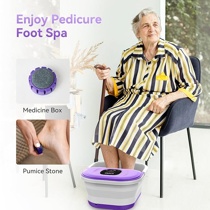Foot Spa Bath Massager with Heat, Collapsible Foot Massager Spa Soaking Tub with Bubbles, Red Light, Pumice Stone, Shiatsu Massage Rollers, Pedicure Foot Spa for Relaxation, Gifts(Purple)