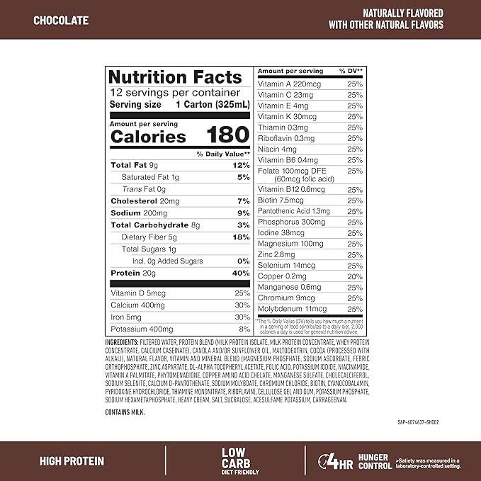 SlimFast Protein Shake, Chocolate- 20g Protein, Meal Replacement Shake Ready to Drink, High Protein with Low Carb and Low Sugar, 24 Vitamins and Minerals, 12 Count (Pack of 1) (Packaging May Vary)