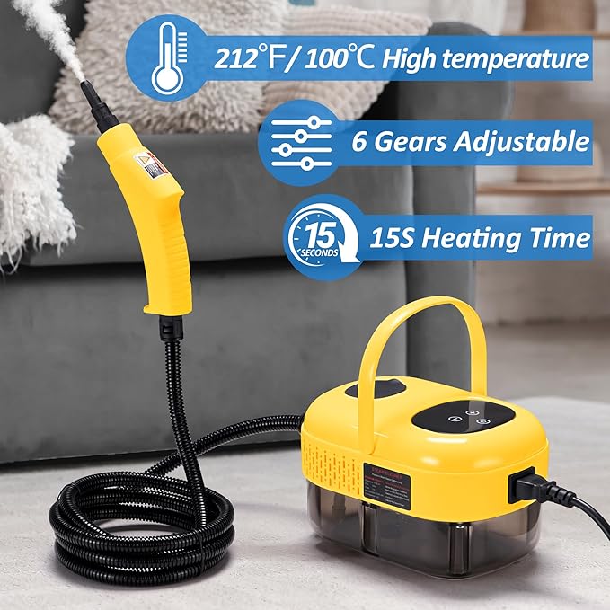 Spurgehom Handheld Steam Cleaner, 15s Heat-Up 1L Tank Portable Steam Cleaner, 2500W High Temperature Multipurpose Steamer for Cleaning, 6 Gears Adjustable Handheld Steamer for Home, Yellow