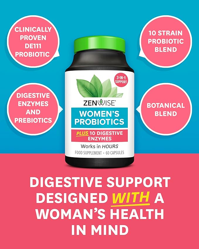 Zenwise Health 3-in-1 Womens Probiotic Supplement for Digestive, Gut Flora & Vaginal Health - Daily Probiotics & Prebiotics for Women with Digestive Enzymes Supports Bloating & Gas Relief - 60 Count