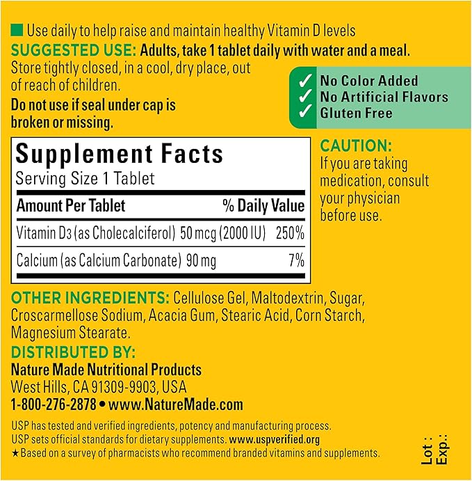 Nature Made Vitamin D3 2000 IU (50 mcg), Vitamin D Supplement for Bone, Teeth, Muscle and Immune Health Support, 100 Tablets, 100 Day Supply
