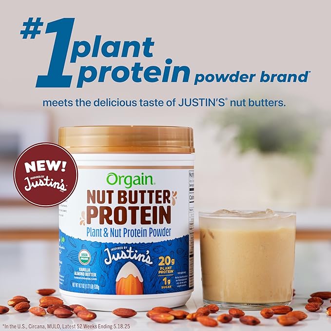 Orgain X Justin's ® Organic Vegan Nut Butter Protein Powder, Vanilla Almond Butter- 20g Plant Protein, 1g Sugar, Gluten Free, No Dairy, Soy Ingredients, or Artificial Flavors, 1.17 lb