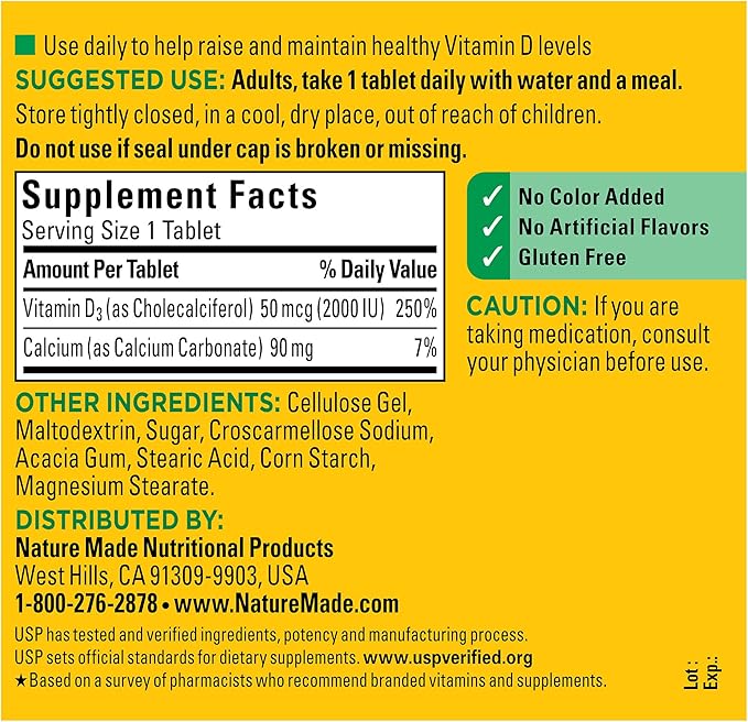Nature Made Vitamin D3 2000 IU (50 mcg), Vitamin D Supplement for Bone, Teeth, Muscle and Immune Health Support, 400 Tablets, 400 Day Supply