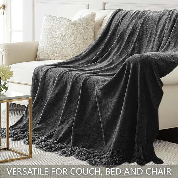 Chenille Throw Blanket for Couch 60"X 80" Twin, Soft Cozy Throws with Fringe Tassel for Bed Sofa Chair Cover, Lightweight Knitted Decorative Boho Blankets for Living Room, Dark Grey