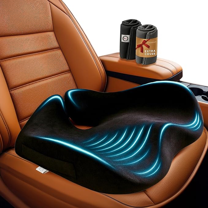 Car Seat Cushion for Driving — Orthopedic Memory Foam Car Seat Pad for Sciatica, Tailbone, and Back Pain Relief for Long Drives. Bonus: with Extra Non-Slip/Washable Cover(Black)