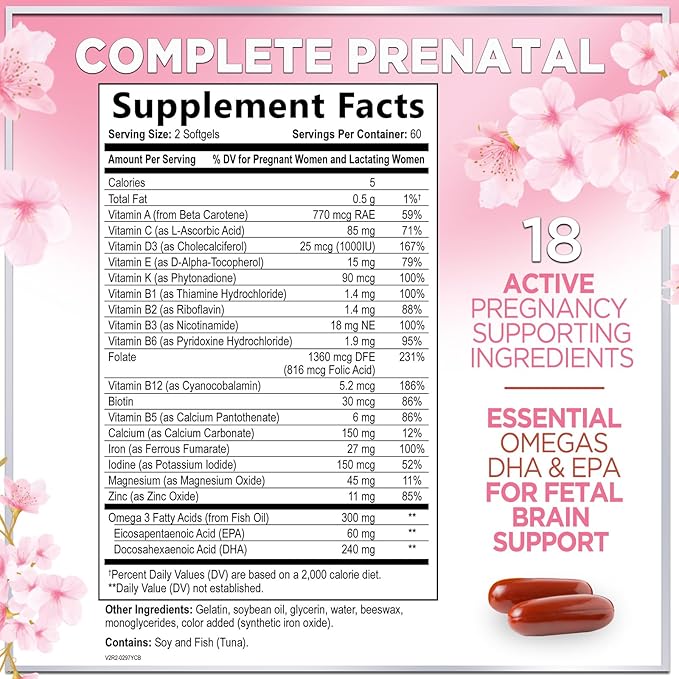 Prenatal Vitamins For Women With Folic Acid, DHA & Iron - Women's Prenatal Multivitamin, Essential Pre Natal Vitamins with Folate, Omega 3, D3, B12, Pregnancy Supplement for Mom & Baby - 120 Softgels