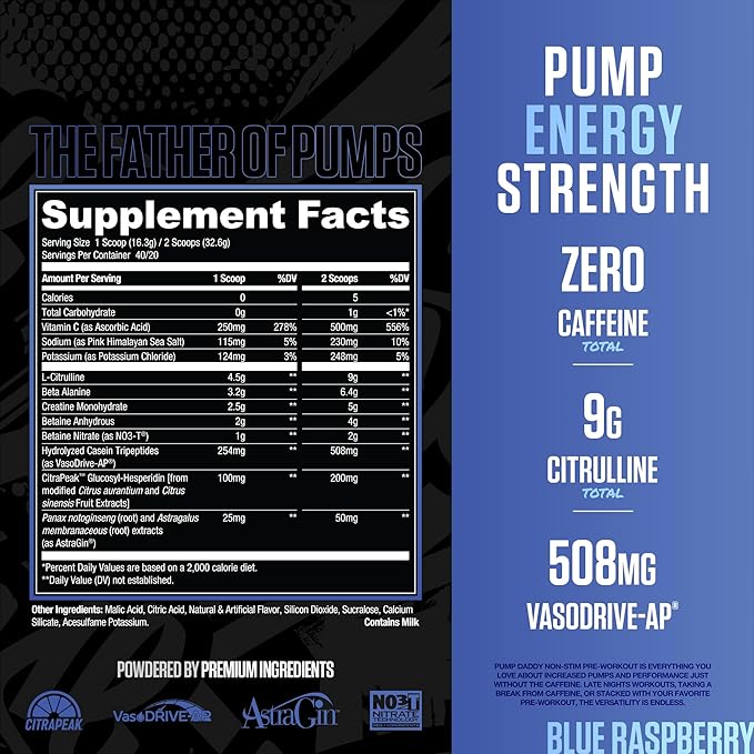 RYSE Pump Daddy V2 Pre Workout Powder - Noel Deyzel Signature - Blue Raspberry - Non-Stim Supplement with Citrulline, Creatine and Beta Alanine for Pumps, Endurance and Strength - 40 Servings