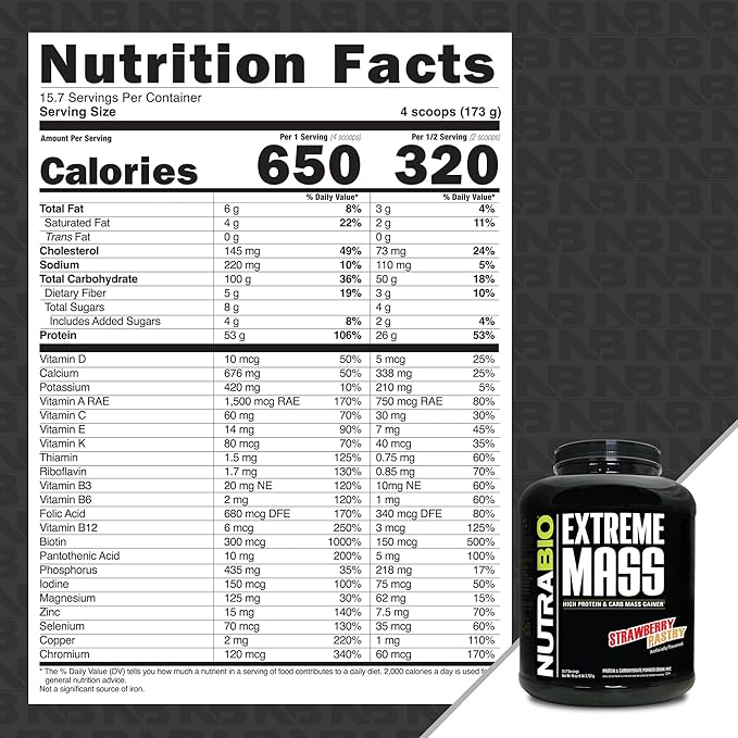 NutraBio Extreme Mass Gainer Protein Powder, 53G Protein, Clean Weight Gainer, Increase Muscle Mass, Full Spectrum Amino Acid - Strawberry Pastry, 6 Pound