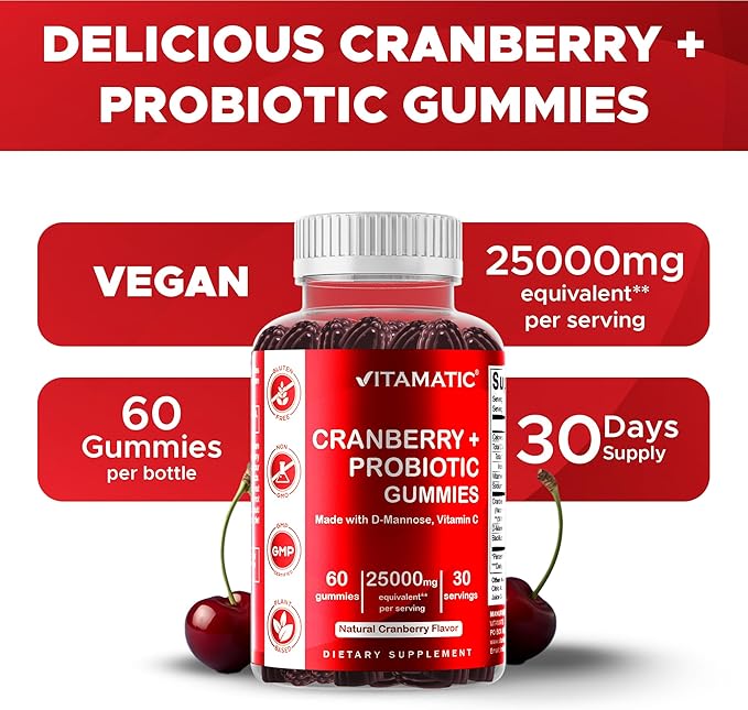 Vitamatic 2 Pack Vegan Cranberry Gummies with D-Mannose, Probiotic & Vitamin C for Women Urinary Tract Health - 25000mg Equivalent Per Serving (from 50:1 Extract 500 mg) - 60 Count