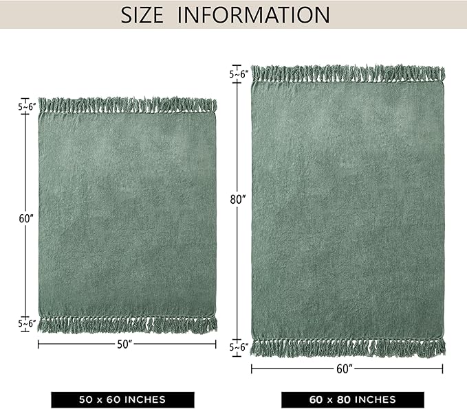 Chenille Throw Blanket for Couch 60"X 80" Twin, Soft Cozy Throws with Fringe Tassel for Bed Sofa Chair Cover, Lightweight Knitted Decorative Boho Blankets for Living Room, Sage Green